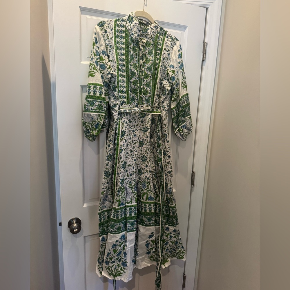 Sue Sartor Flounce Dress - Blue/Green Partere Print